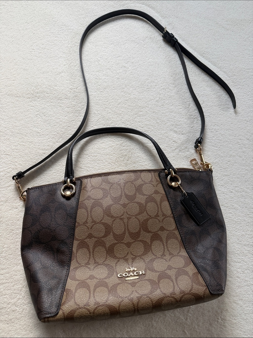 Coach Brown Signature Canvas Shoulder Bag with Black Trim